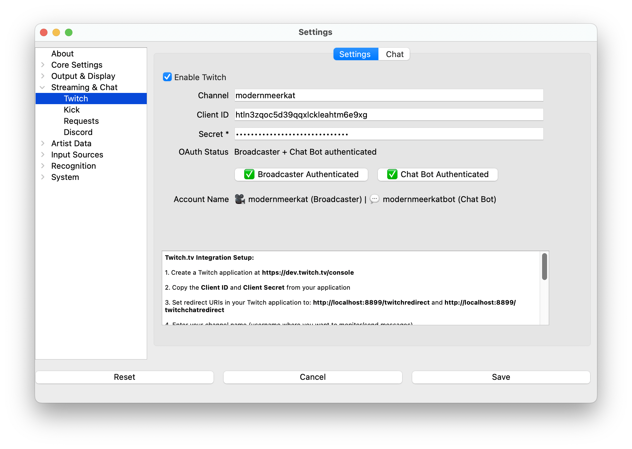 What's Now Playing's Twitch auth panel