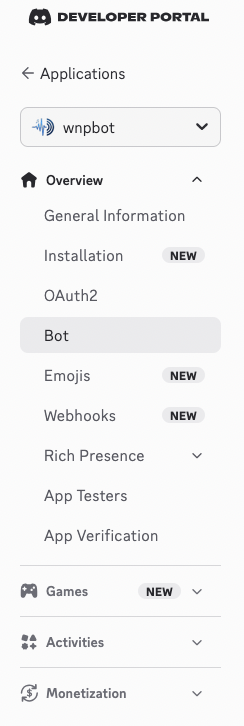 Discord app sidebar showing Bot option