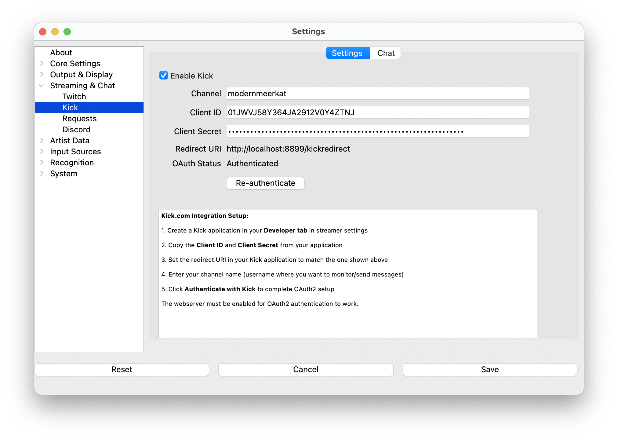 What's Now Playing Kick settings