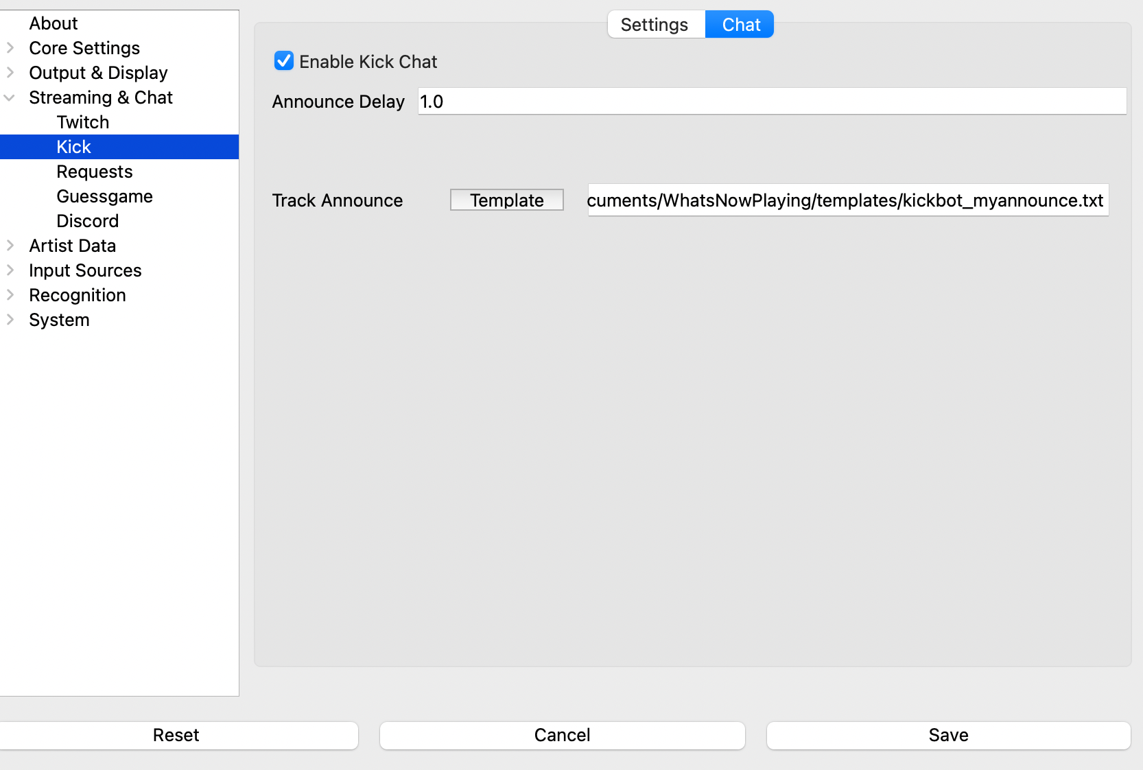 What's Now Playing Kick chat settings