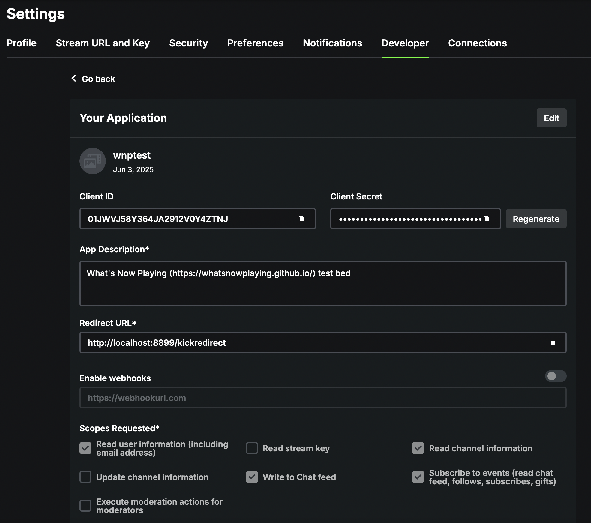 Kick.com Developer tab in settings