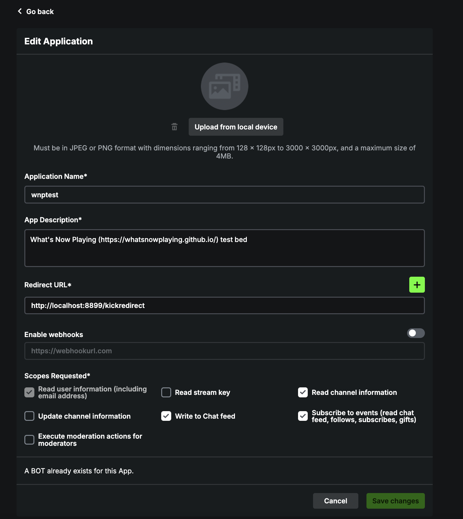 Kick.com Edit App Screen