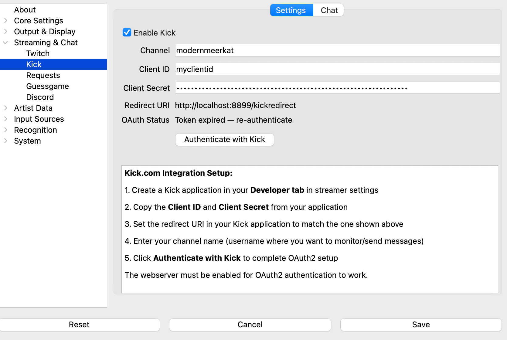 What's Now Playing Kick settings