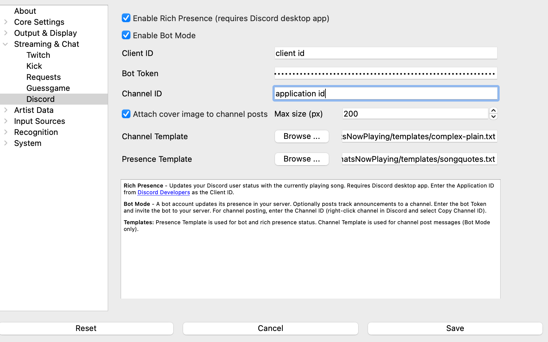 Discord settings in What's Now Playing