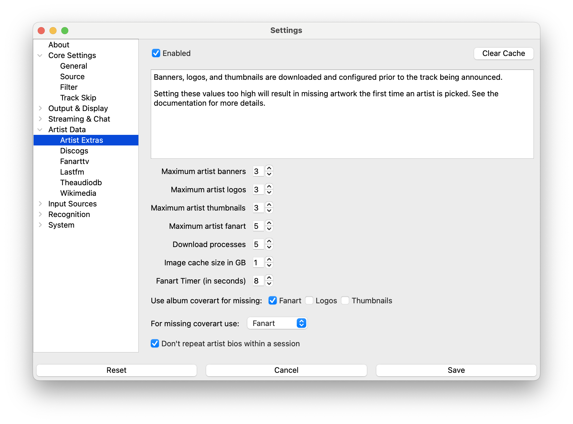 Artist Extras Settings