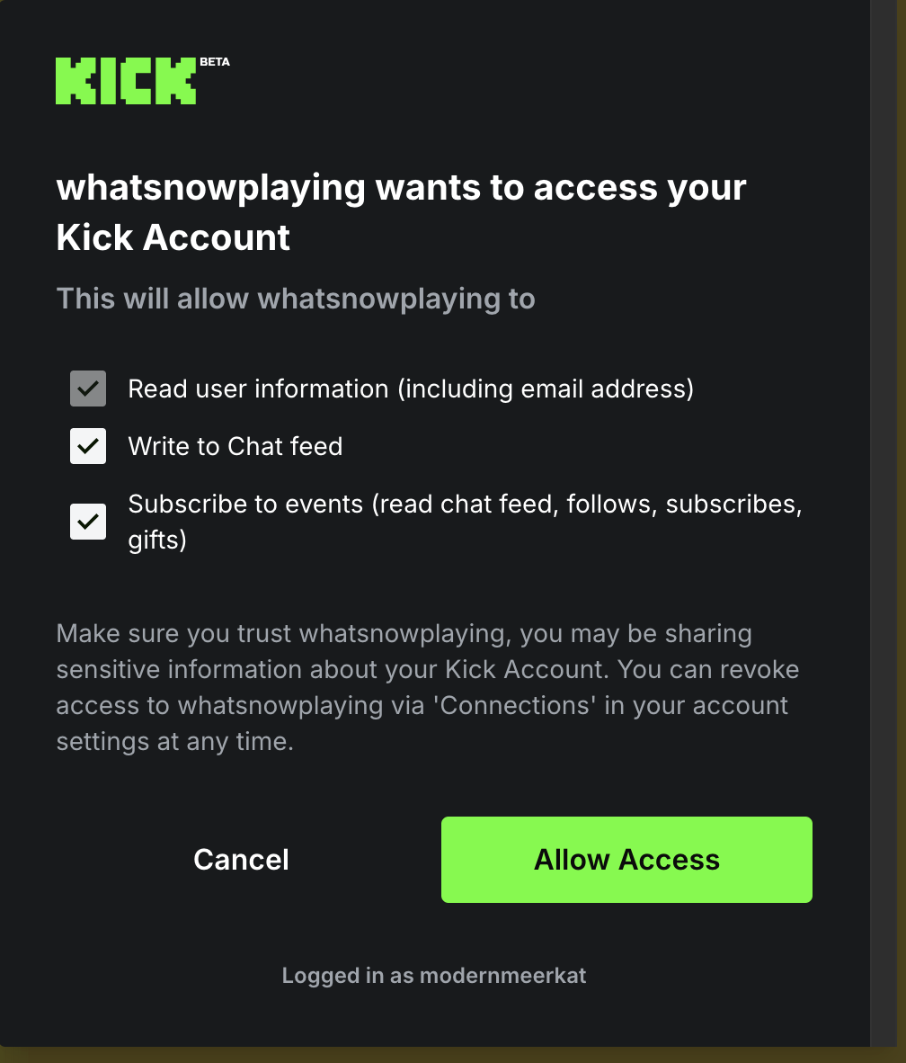 What's Now Playing Kick settings