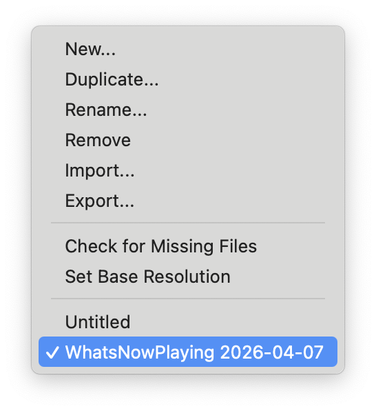 Scene Collection menu showing WhatsNowPlaying collection