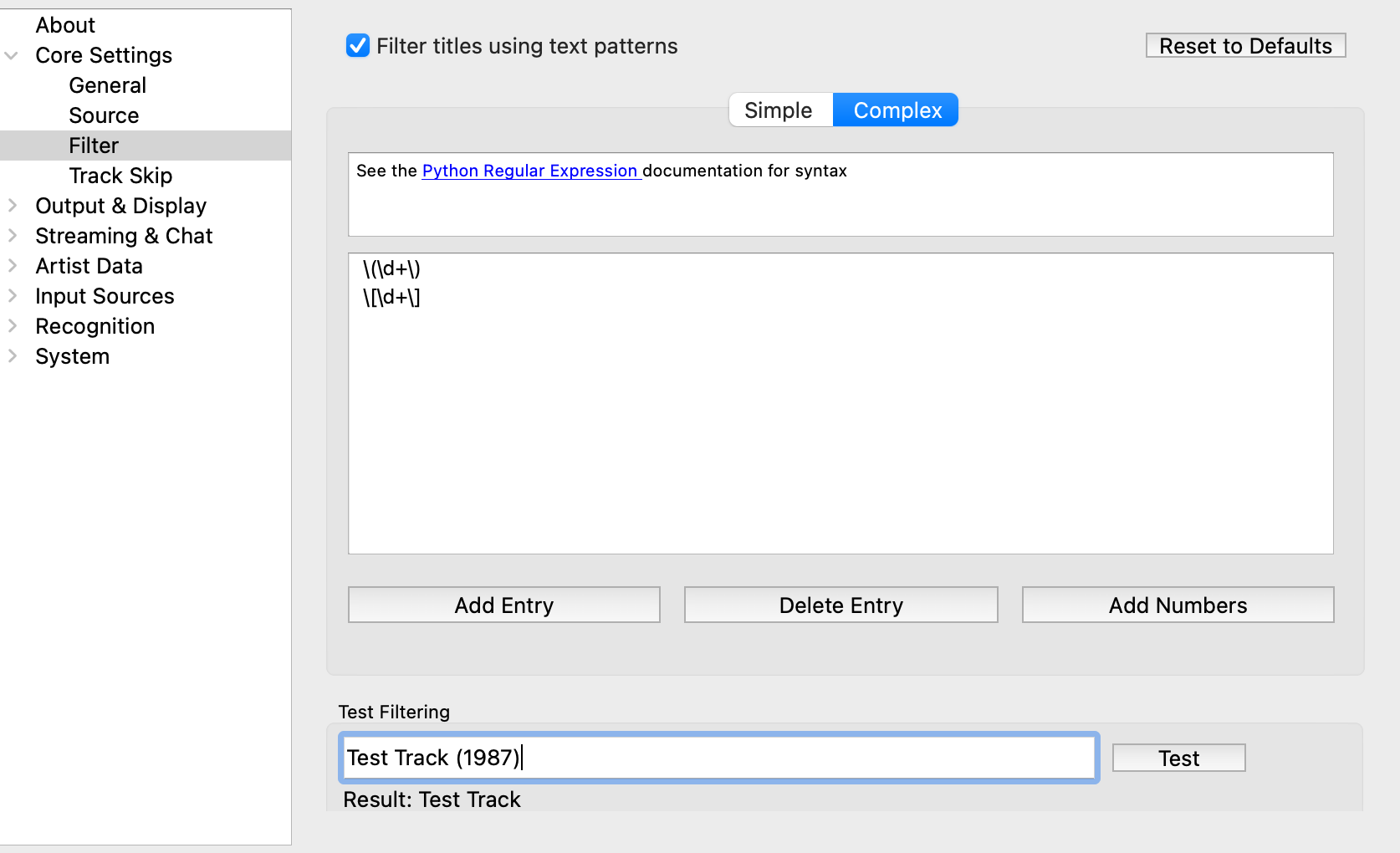 Filter Settings / Complex
