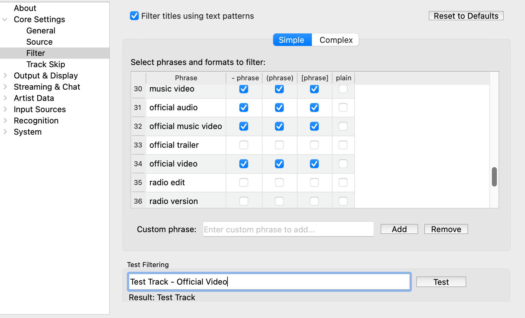 Filter Settings / Simple