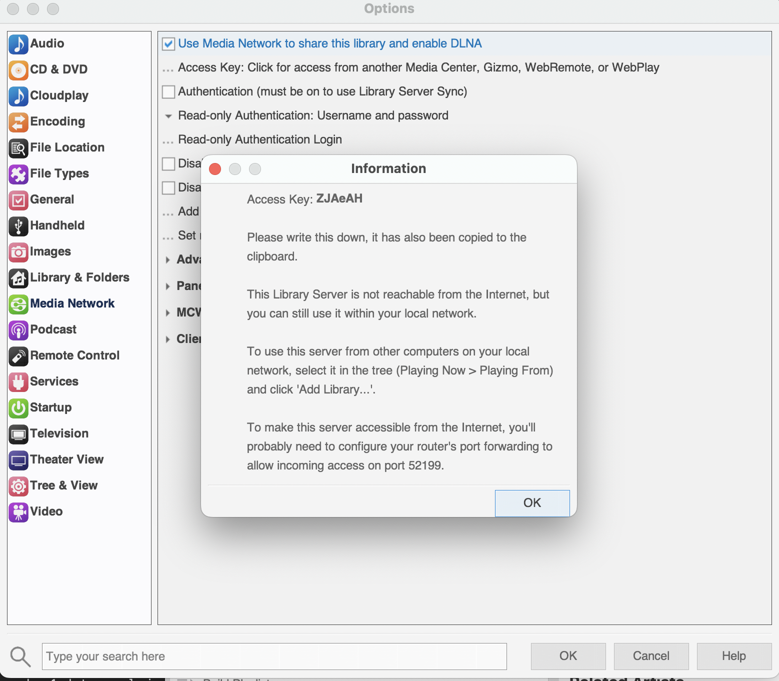 JRiver Menus showing Use Media Network and the Access Key