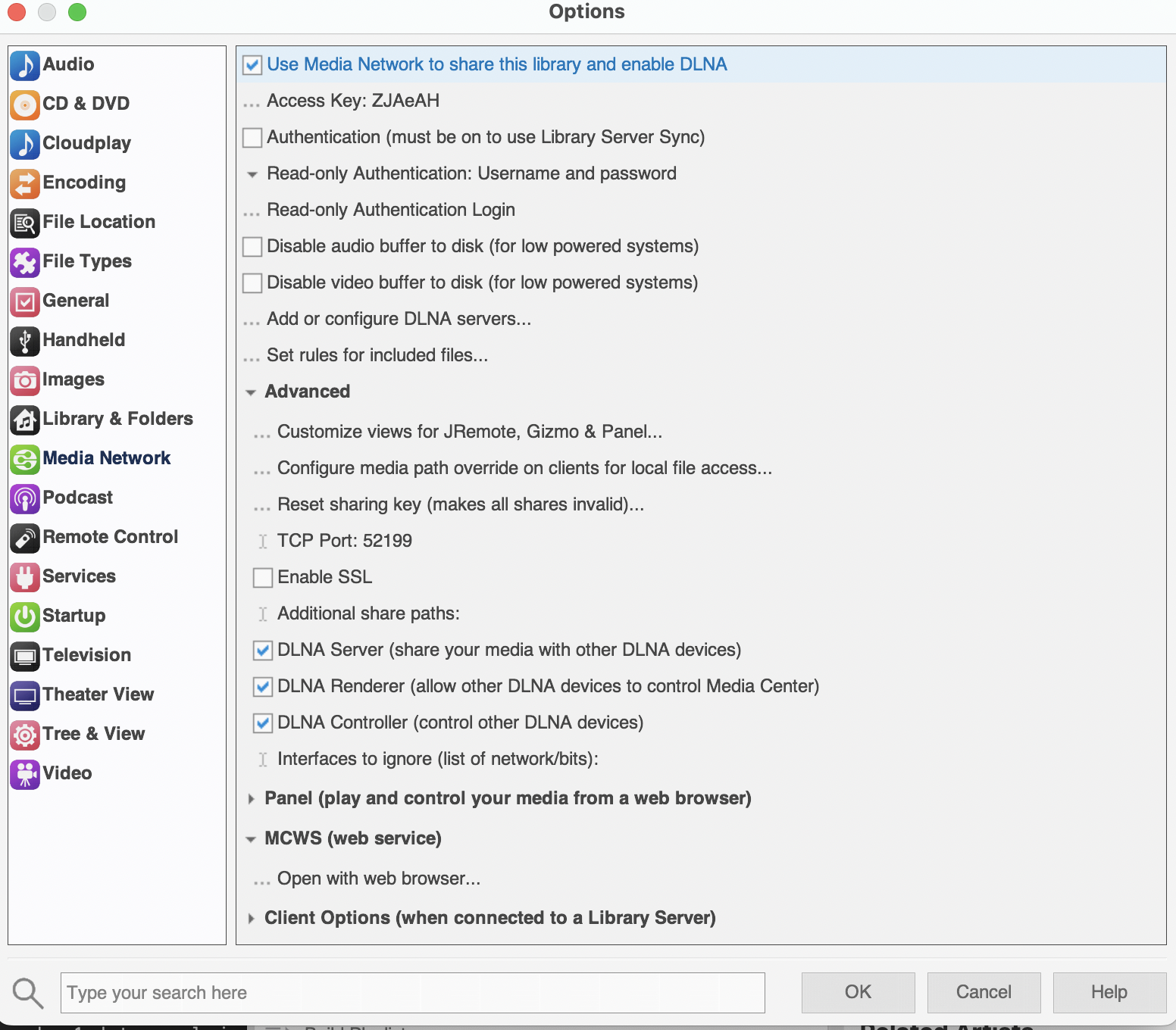 JRiver Advanced drop down showing the port