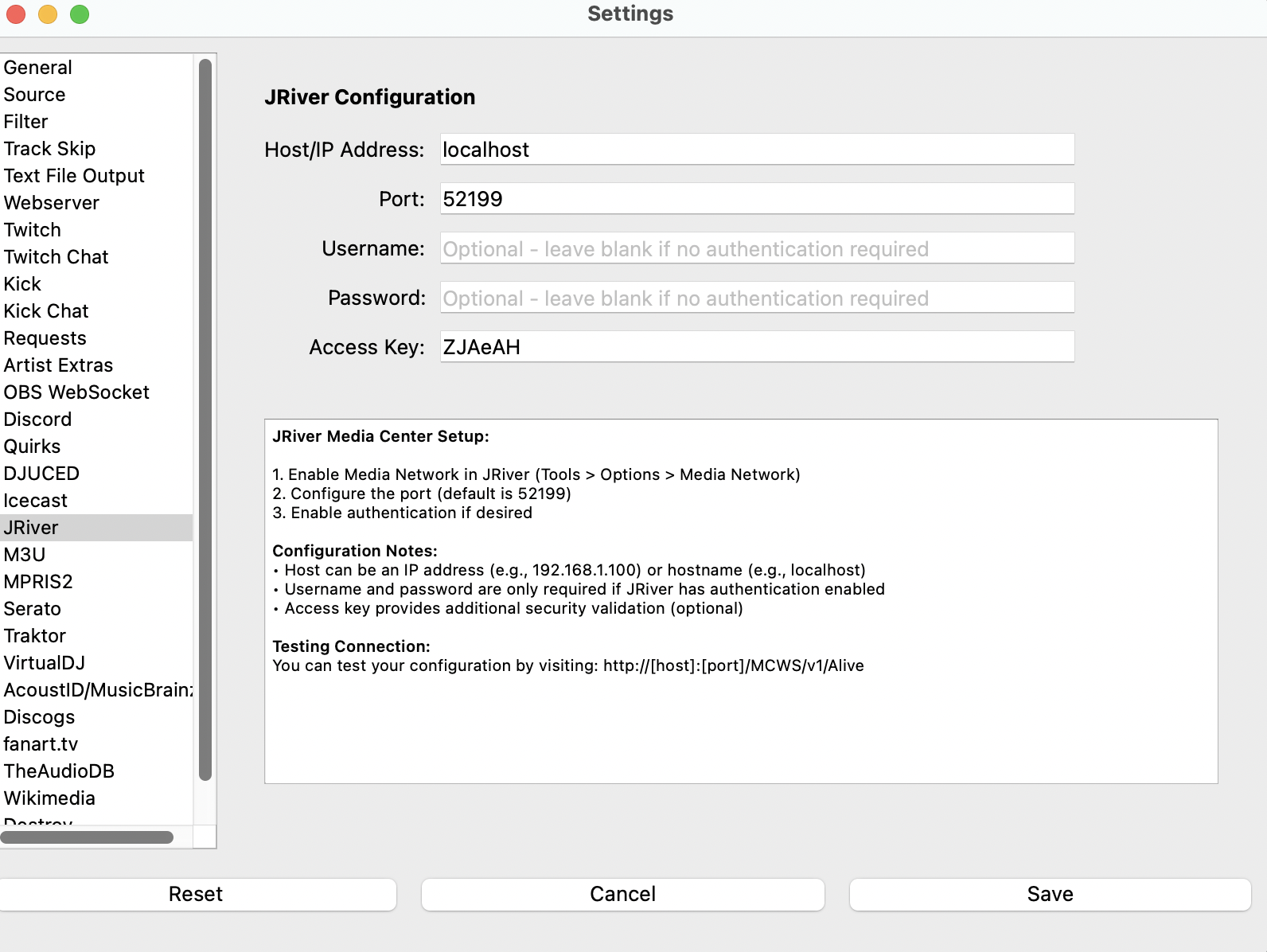 JRiver input selection in What's Now Playing showing an access key and port