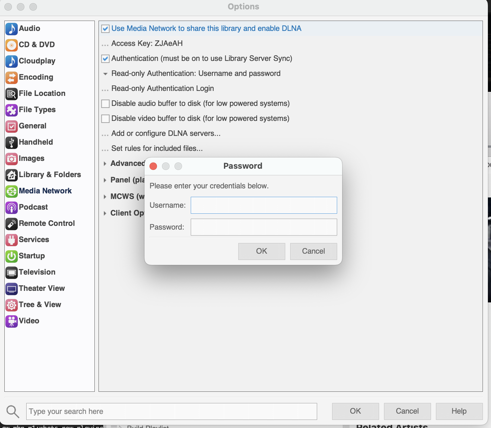 JRiver Menus showing the username and password