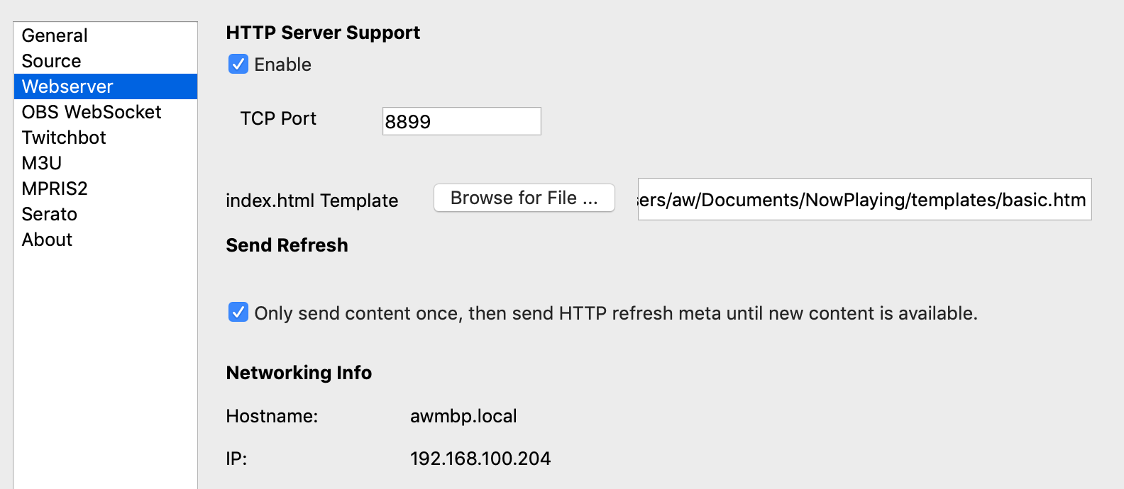 Webserver settings screen