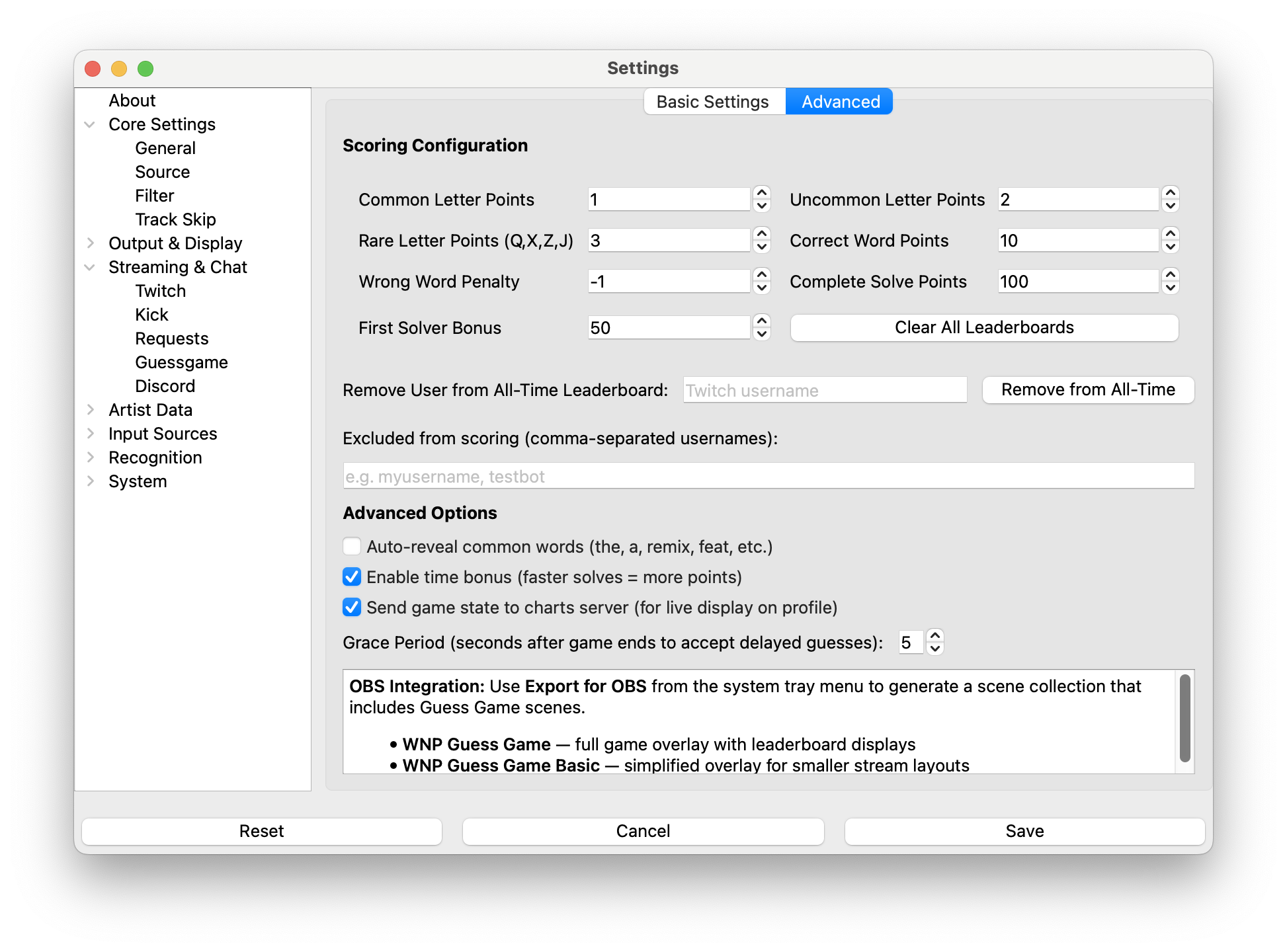 Guess Game Advanced Settings