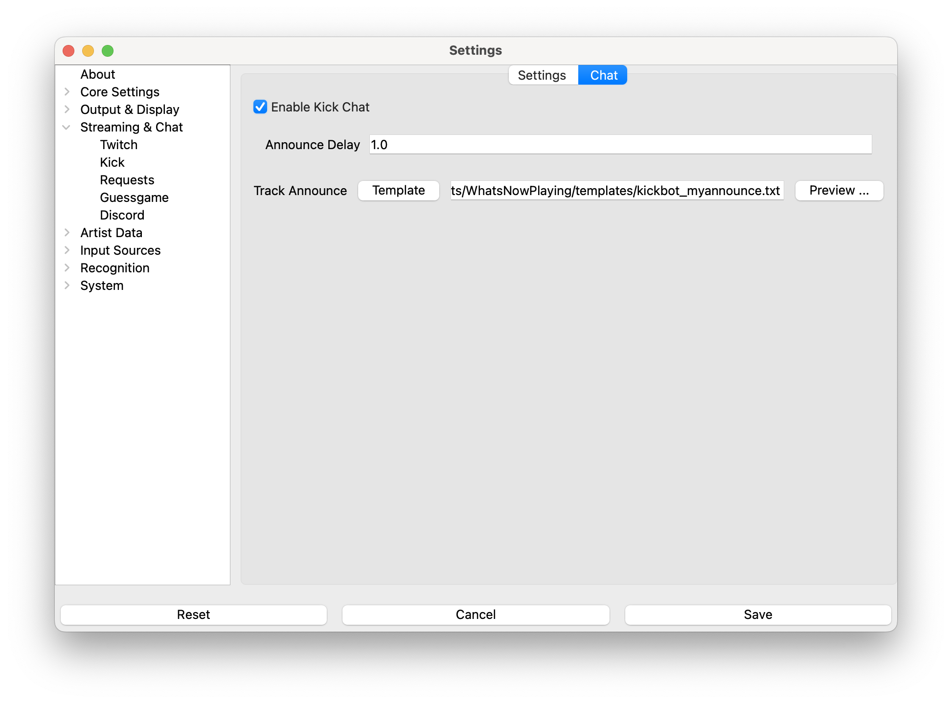 What's Now Playing Kick chat settings