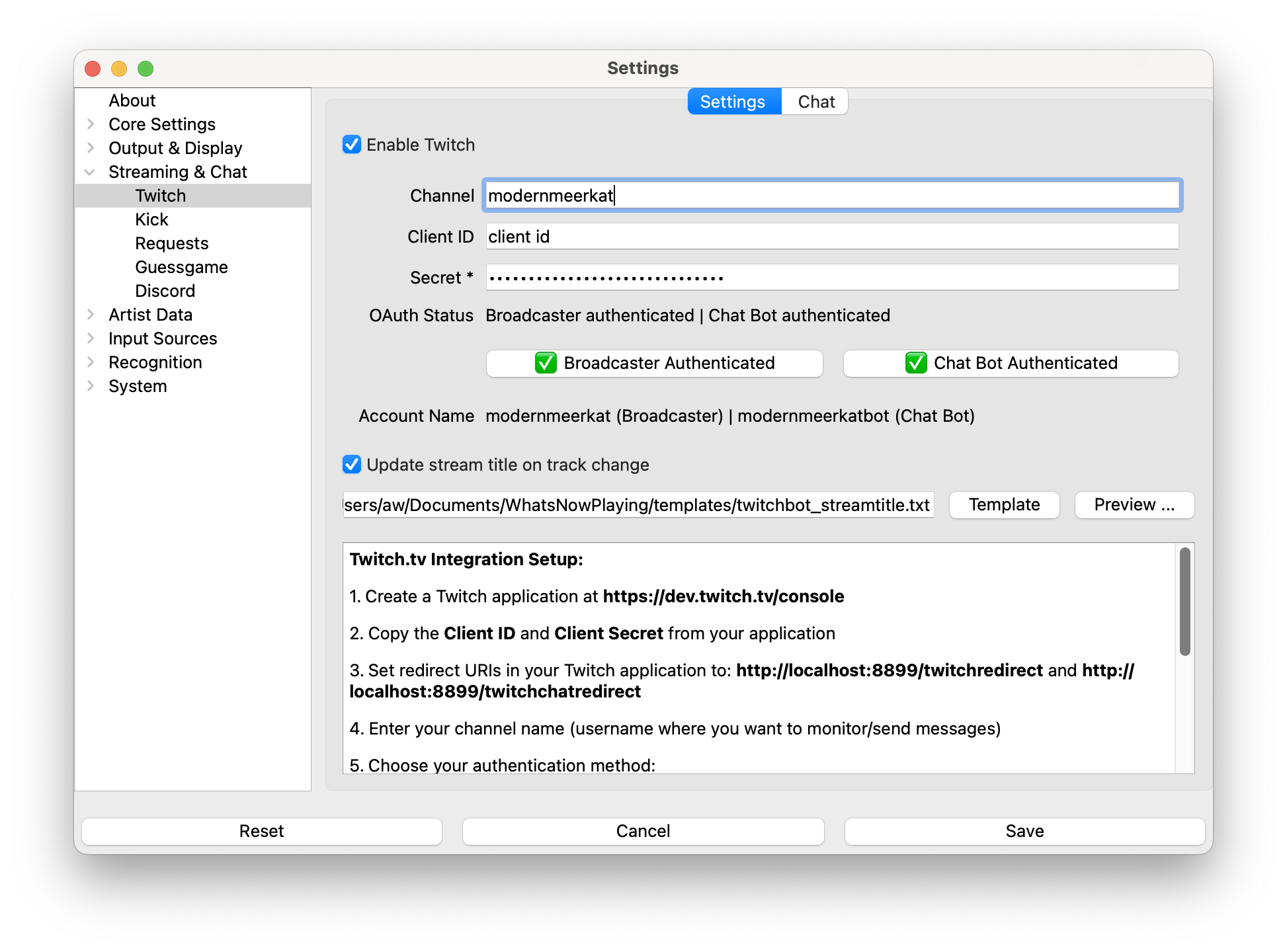 What's Now Playing's Twitch auth panel