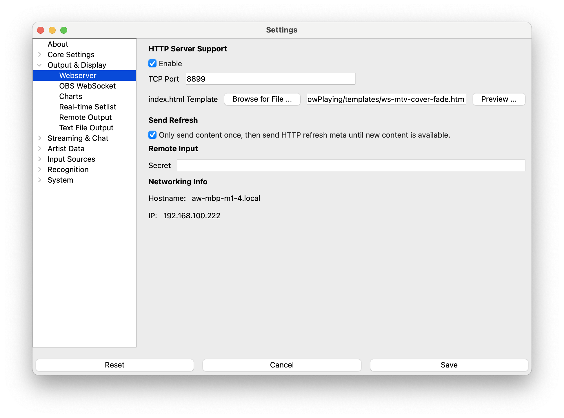 Webserver settings screen