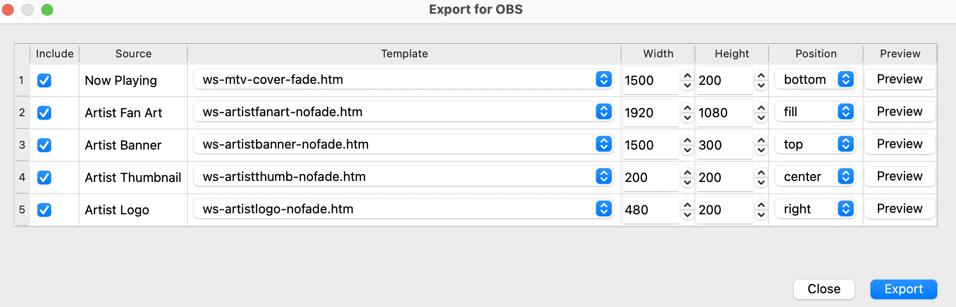 OBS Export dialog