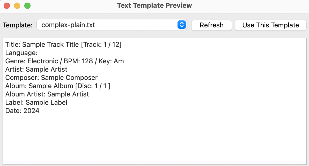 Text template preview window